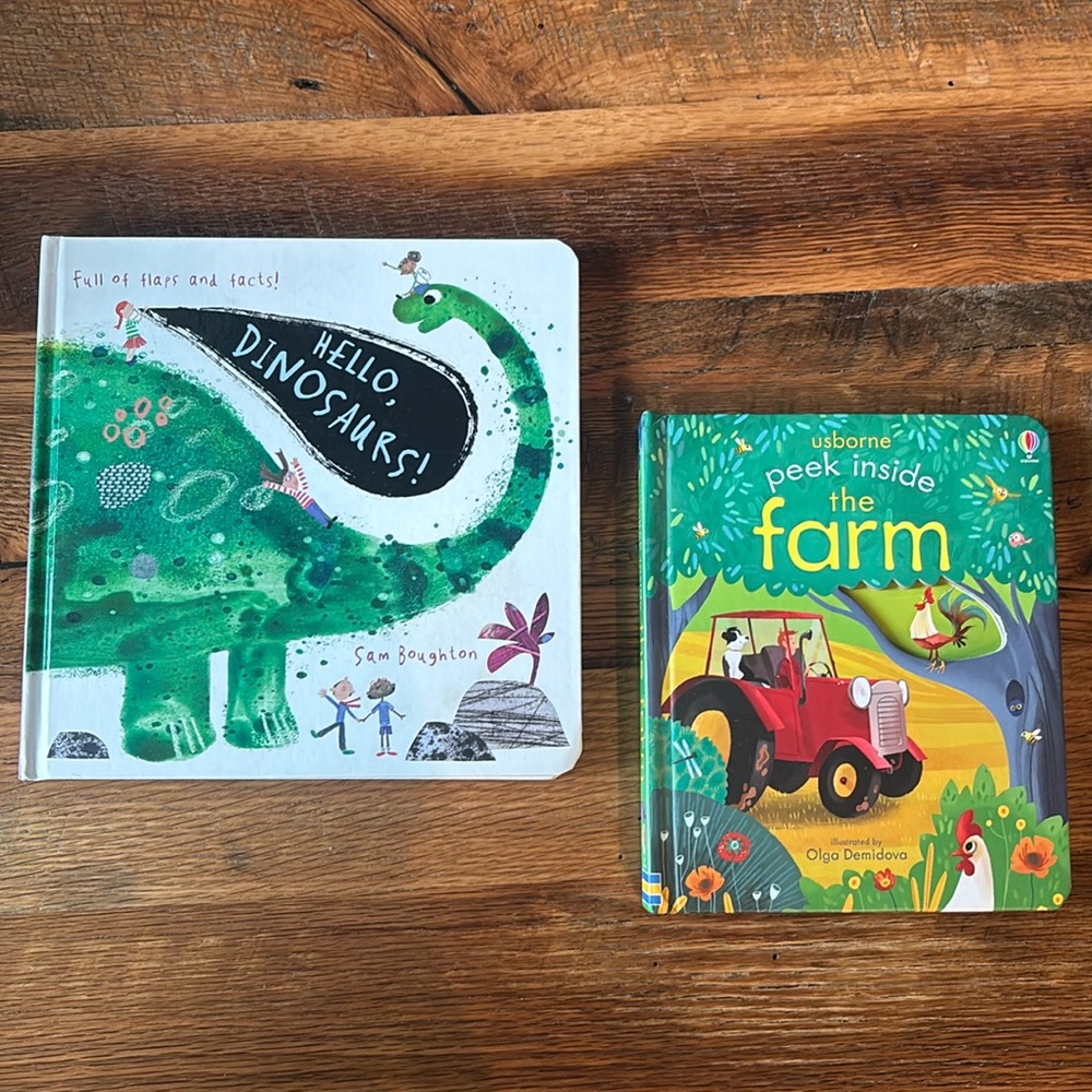 Usborne farm and Dino book set Green and Blue board book peek Set